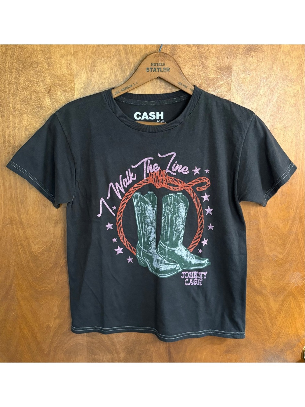 Johnny Cash I Walk The Line T-Shirt Baby Tee Country Western Rodeo Cowgirl Boots